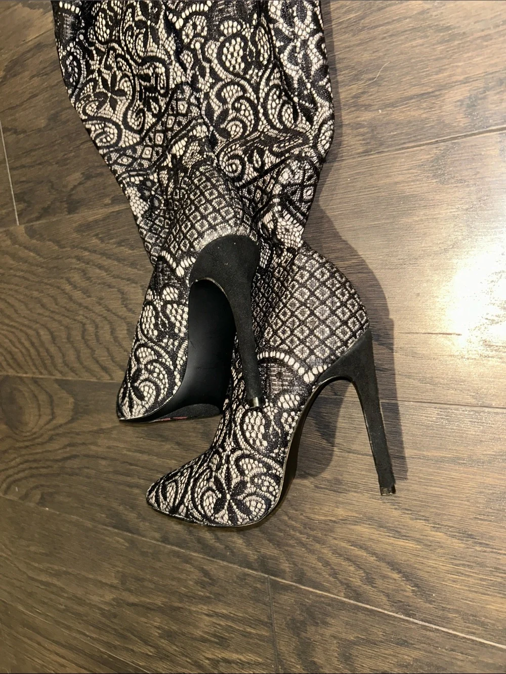 Steve Madden Black and Cream Lace-Pattern Over-the-Knee Stiletto Boots